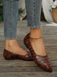 Women Pointed Toe Slip-On Flat Shoes, Solid Faux Leather Comfort Casual Ballet Flats - Brown - View 3