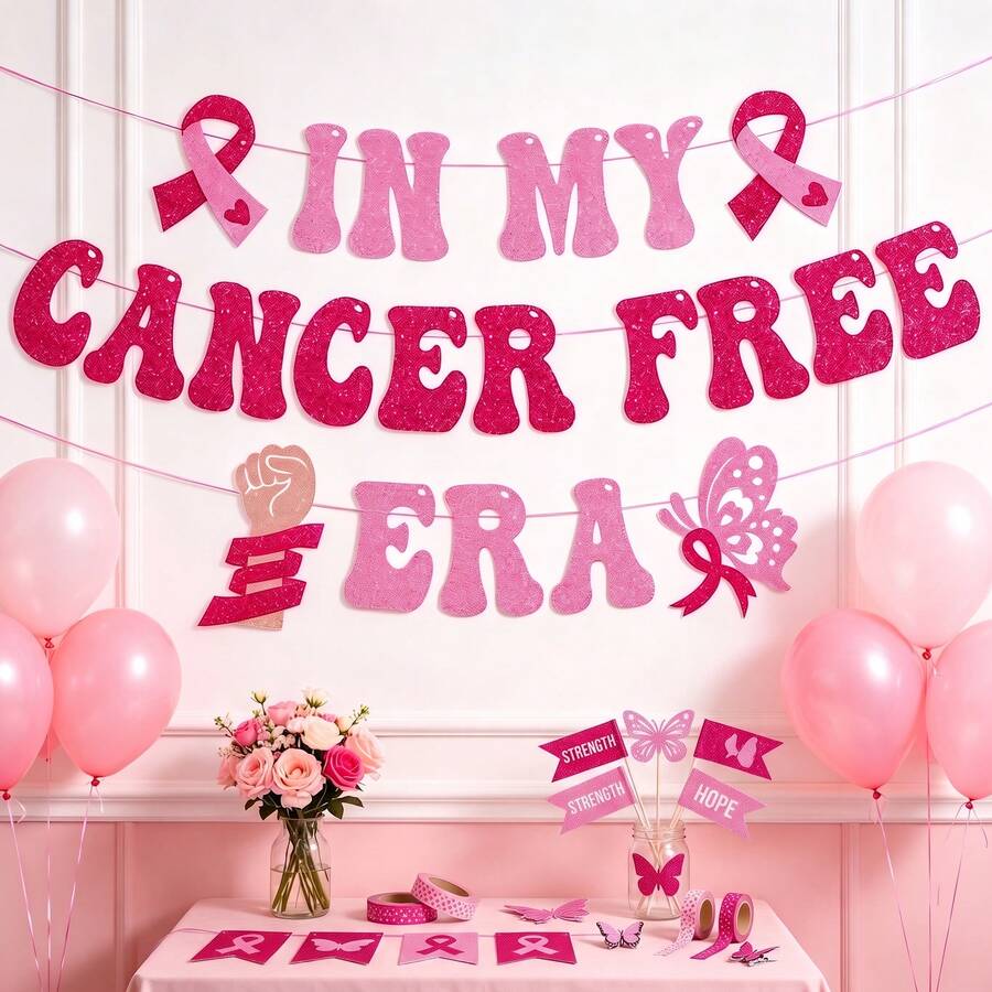 Breast Cancer Awareness Decorative Sign - Glitter Pink Ribbon Banner, Suitable For Cancer Recovery, Survivor Party Supplies, Hanging Banner, Pink, Wall Decor, Background - A - View 1
