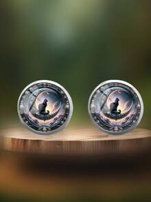 YUJUGLOW 1 Pair Dark Fantasy Crescent Moon Black Cat Pattern 316 Stainless Steel Round Stud Earrings Suitable For Women's Daily Wear - Purple - View 1