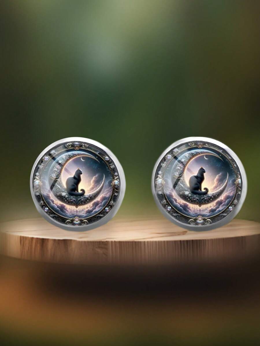 YUJUGLOW 1 Pair Dark Fantasy Crescent Moon Black Cat Pattern 316 Stainless Steel Round Stud Earrings Suitable For Women's Daily Wear - Purple - View 1