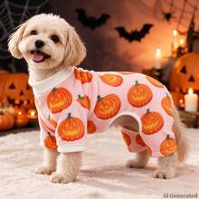 Opjoys 1pc Halloween Painted Pumpkin Print Dog Jumpsuit, Soft Healing Style Skin-Friendly Knitted Four-Legged Design Round Neck Ribbed Cuff Warm Belly Protection Anti-Shedding Pet Home Wear Spring Autumn Daily - Orange - View 3