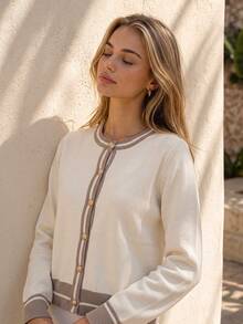 Women Knit Cardigan, Fall Winter Contrast Striped Round Neck Long Sleeve Y2K Sweet Pure Desire Textured Top For Beach Party Vacation - Apricot - View 1