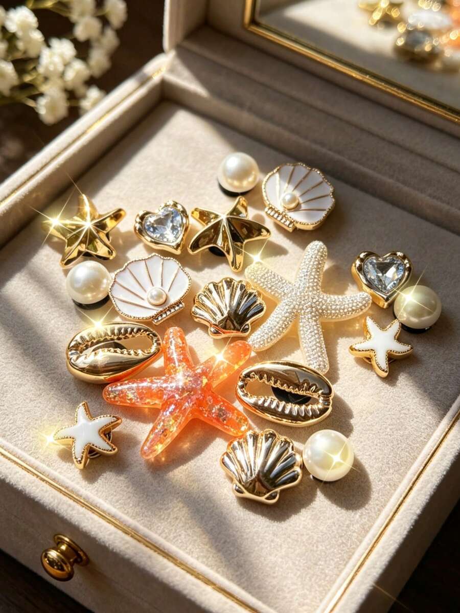 18件海洋系列鞋飾，金色小貝殼、小海星配件可拆卸，時尚優雅，適用於鏤空涼鞋