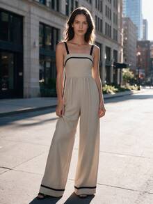 Women Spaghetti Strap Jumpsuit Contrast Trim Straight Leg Romper Casual Outfits For Fall Winter Daily Commuting Going Out Dating - Khaki - View 8