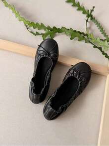1 Pair Women's Black Bow Soft Sole Ballet Shoes With Ruched Lace Trim, Slip-On Loafers, Fashion Commuter Flat Shoes - Black - View 11