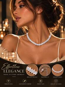 1pc Elegant Bride Sparkling Geometric Rhinestone Teardrop Pendant Necklace, Suitable For Wedding, Party & Banquet - Silver - View 6