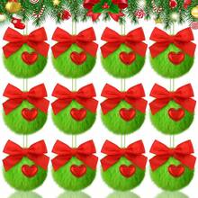 12pcs Green Fuzzy Christmas Ball Ornaments, Fuzzy Elf Decorations With Red Bows - Multicolor - View 5