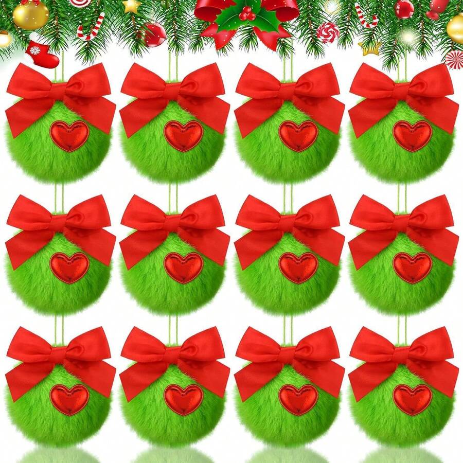 6pcs Green Fuzzy Christmas Ball Ornaments, Fuzzy Elf Ornaments With Red Bow - Multicolor - View 1