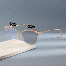 1pc Metal Cat Eye Dual-Color Rhinestone Decorated Indoor/Outdoor Color-Changing Multi-Purpose Fashion Versatile Women's Glasses - Discoloration - View 12