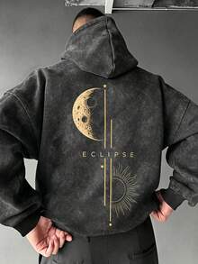 Áo hoodie nam màu đen giặt mài rách in họa tiết Eclipse, dáng rộng kiểu vintage chui đầu - màu đen - Xem 4