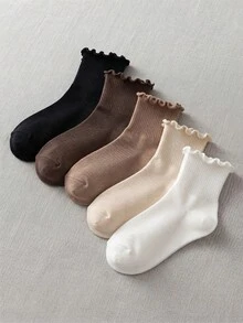 1/6 Pairs Random Color Women Ruffle Frill Ribbed Crew Socks, Soft Comfort Socks For Fall Winter Halloween Accessories And Casual Wear - Multicolor - View 6