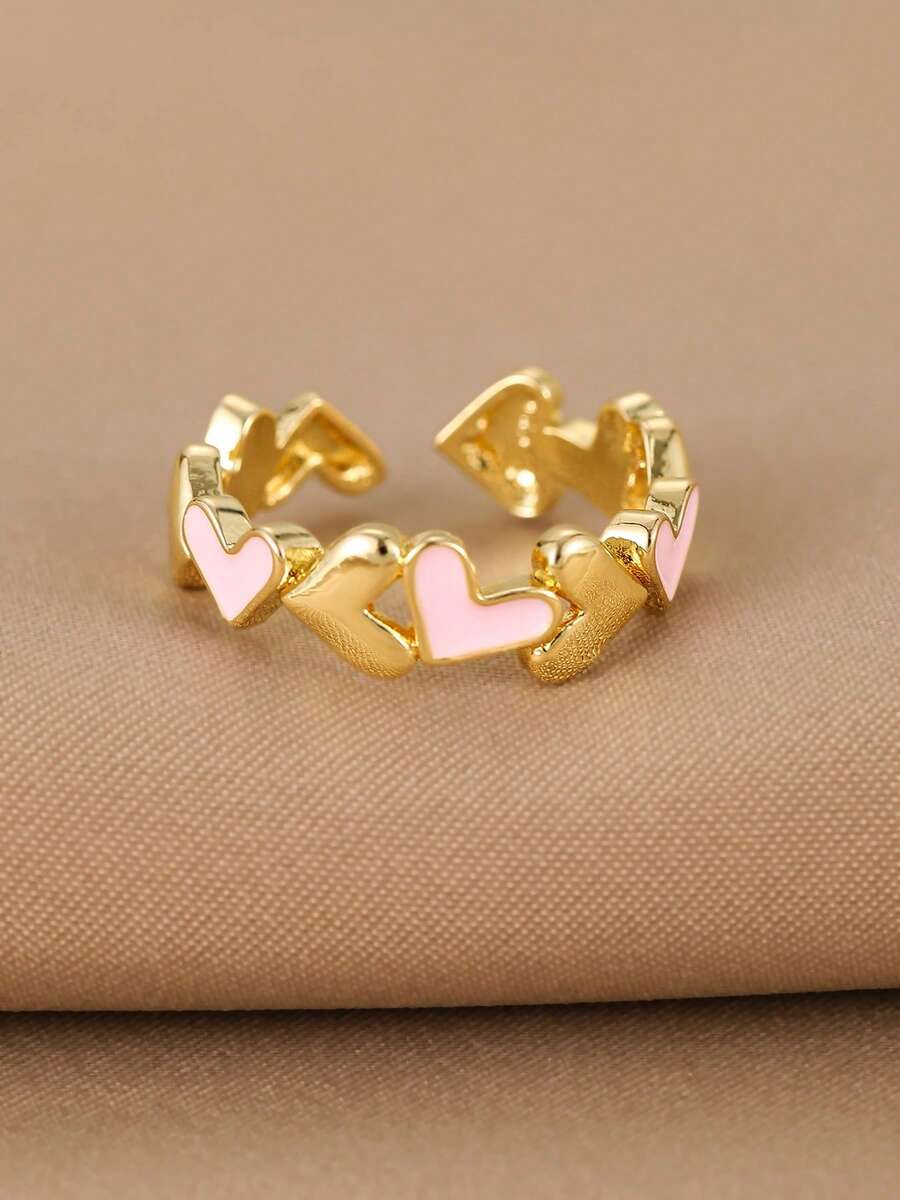 1Pc Sweet Gold Color Copper Pink Enamel Heart Open Ring For Women Daily Dating Valentine's Day Jewelry Gift - Multicolor - View 1
