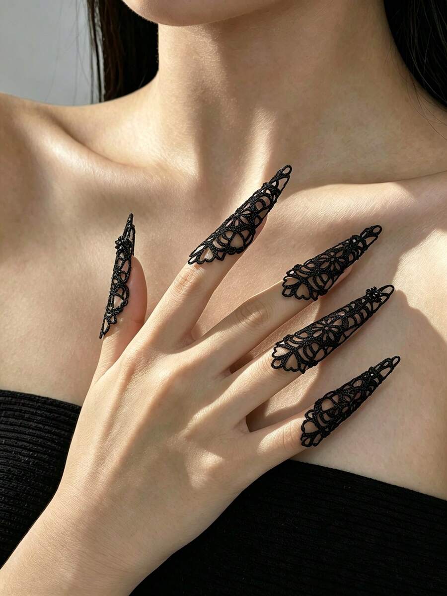 5pcs Black Hollow Lace Finger Ring Set, Gothic Vintage Long Fingertip Rings, Bohemian Lace Full Finger Jewelry For Women, Halloween Party, Performance, Club, Evening Event Accessories - Black - View 1
