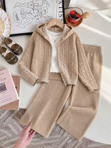 2pcs/Set Pakaian Anak Perempuan Gaya Sekolah Warna Polos: Kardigan Berkerudung Rajut Kabel dan Celana Rajut Warna Polos, Cocok untuk Sekolah, Pakaian Sehari-hari, Kasual, Musim Semi, Musim Gugur, Musim Dingin - Aprikot - View 6