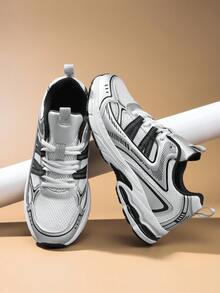 1 Pair Contrast Color Retro Chunky Sneakers Casual Sports Running Shoes Mesh Breathable Comfortable Shock-Absorbing Soft & Bouncy - Silver - View 2