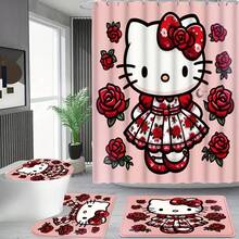 SANRIO Halloween Theme 2D Printed Hello Kitty 4-Piece Bathroom Set, Cute Gothic Style Cartoon Cat Waterproof Shower Curtain Full Set Bathroom Mat Set, Non-Slip Bathroom Rug, Toilet Lid Cover, Holiday Home Decor - Shower Curtain and Bath Mat - View 2