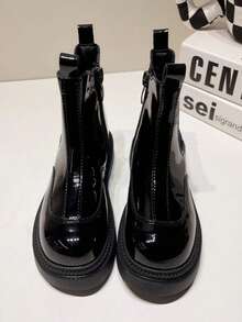 Toddler Shiny Chelsea Ankle Boots, Elastic Side Zipper, Thick Sole, Anti-Slip, Simple Fashion Boots - Black - View 3