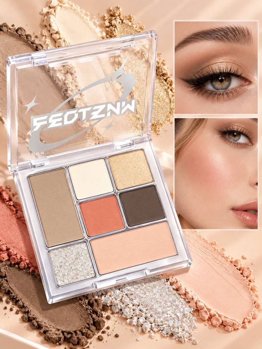 FEOTZNW Palet Makeup Wajah 7 Warna, Perona Pipi, Highlighter, dan Eyeshadow 3-in-1, Tekstur Ganda Glitter Matte, Pembentuk Kontur Pipi dan Mata All-in-One, Hadiah Natal/Hari Valentine, Makeup Esensial untuk Wanita - 01# Warna Alami - View 1