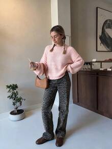 Women's Pastel Pink Chunky Crew Neck Knit Sweater, Drop Shoulder Long Sleeve Ribbed Trim Oversized Pullover, Cozy Fall Winter Jumper - Pink - View 4