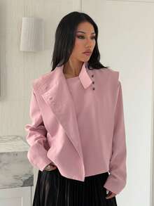 Women Asymmetric Collar Oversized Short Jacket Decor Button Drop Shoulder Loose Fit Solid Pink Outerwear Fall Streetwear Coat - Pink - View 5
