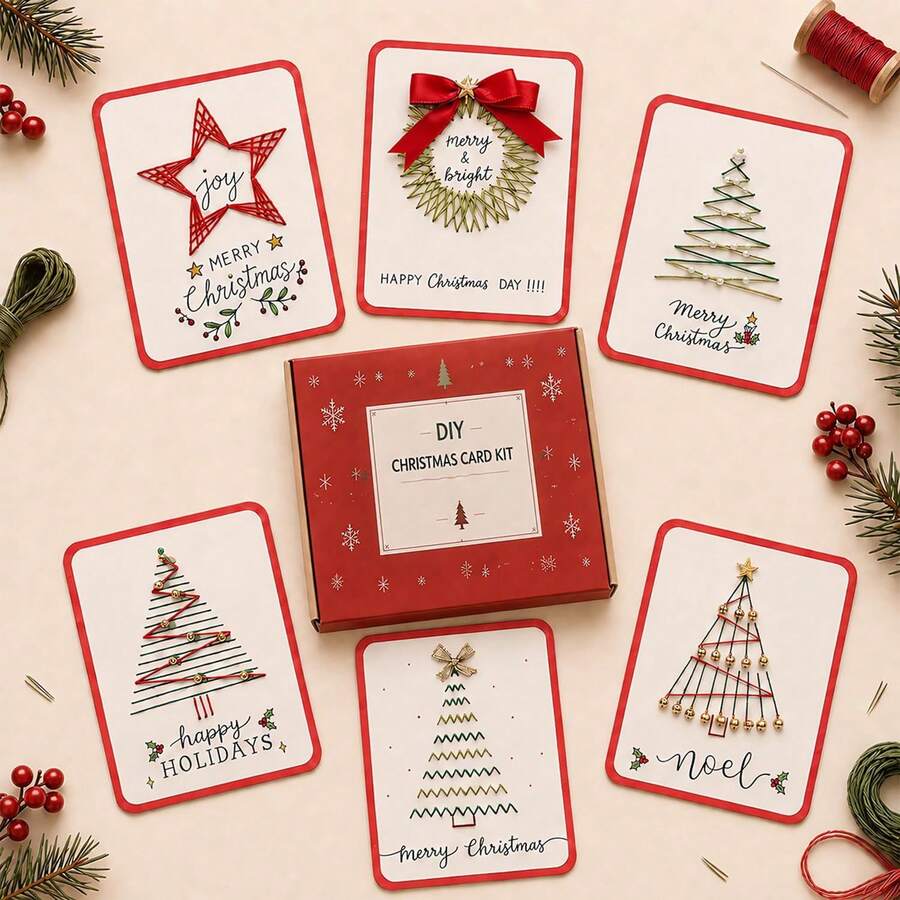 Merry Bright Christmas DIY Kit For A Christmas Card Featuring String Art, String Art Craft Set For Adults, Holiday Christmas Tree, Star And Snowman Decorations, Handmade Seasonal Home Decor - Christmas Card - View 1