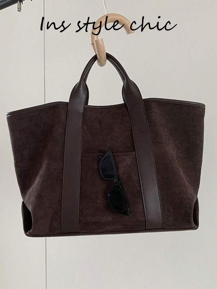 Vintage Minimalist Tote Bag, Dual Handle Design With Front Pocket, Square Structured Shape, Spacious Interior For Various Personal Items, Clean And Timeless Silhouette, Suitable For Commuting And Travel, Effortlessly Creating A Sophisticated And Elegant Outfit - Coffee Brown - View 1