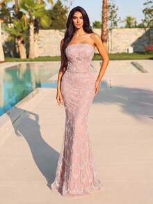 Elegant Mermaid Strapless Evening Gown - Exquisite Embroidered Sequin Formal Dress Fall Wedding Party - Dusty Pink - View 7