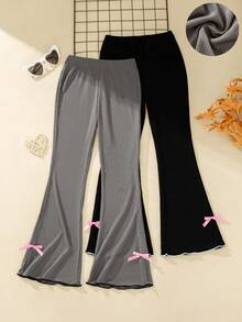 2pcs/Set Girls' Casual Everyday Outing Fashion Solid Color Bow Decor Ruffle Flare Long Pants, Spring/Autumn - Multicolor - View 2