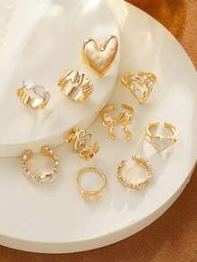 10pcs Fashion Vintage Exaggerated Sweet Cool Girl Oil Drop Heart Bow Rhinestone Wide Band Stackable Ring Set, Women's Daily Wear, Vacation, Travel, Party, Gift Choice - Yellow Gold - View 3