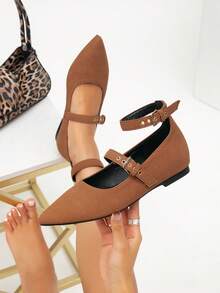 Women Brown Suede Pointed‑Toe Mary Jane Flats, Double Buckle Strap Ankle Strap Casual Office Dress Shoes - Brown - View 3