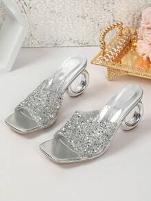 Silver Sequin Open‑Toe Mules For Women, Unique Circular Hollow Heel Square Toe Slide Sandals, Party Banquet Heeled Slippers - Silver - View 7