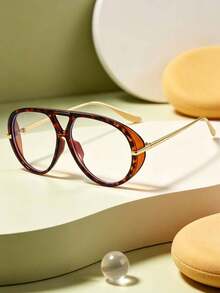 1 Pair Oversized Frame Unisex Fashion Minimalist Glasses, Fashionable Retro Personalized Versatile Plain Lens Eyeglass Frames, Daily Outfit Matching Accessory - Tea Bean Flower - View 1