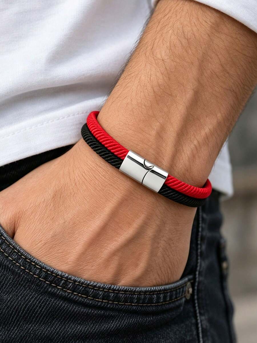 1PC Men's Two-Color Braided Rope Bracelet, Simple Magnetic Buckle Wristband, Casual Daily Wear Jewelry Gift, Couple Friendship Jewelry Gift - Multicolor - View 1