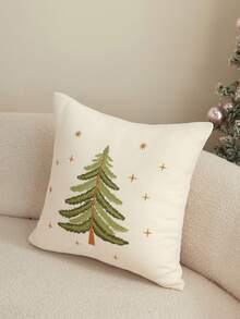1pc Christmas Tree Embroidered Chenille Pillow Case, Red/Beige Holiday Decorative Cushion Cover, Hidden Zipper Design, Removable And Washable, Suitable For Sofa Living Room Christmas Home Decor, Pillow Insert Not Included - Beige - View 11