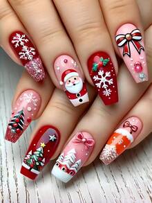 24pcs Long Ballet-Shaped Fake Nails, Christmas Style With Santa, Snowflakes, And Christmas Trees. Full Coverage, Removable Nail Set, Perfect For Parties, Proms, And Everyday Wear. - Multicolor - View 8