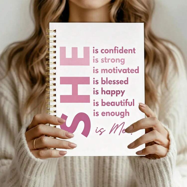 1pc 14*21cm Spiral Notebook, SHE Is Confident Strong Beautiful Is Me Inspirational Quote Print Soft Cover Journal, Lined Writing Notebook For School Office Daily Notes, Gift For Women - Style B - View 3