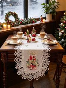 1pc 100% Polyester Christmas Table Runner With Lace Trim, Embroidered Red Candle, Bell And Holly Leaf Pattern, White Holiday Dining Table Decor, Suitable For Winter Party Home Decoration - White - View 11