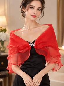 1 buah Selendang Lengan Pendek Berenda, Selendang Pernikahan Pantai, Cocok untuk Gaun Pengantin, Gaun Malam, Cheongsam, Organza Berumbai 3 Lapis dengan Pita - MultiWarna - View 9