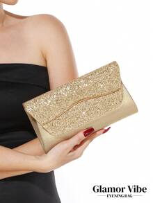 Women's Gold Glitter Clutch Bag, Wavy Metallic Decor Shiny Envelope Evening Bag, Party Wedding Ball Dinner Bag - Gold - View 5