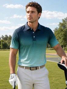 Men's Gradient Striped Short Sleeve Polo Shirt, Golf Polo Top, Outdoor Casual Sports Collared T-Shirt - Multicolor - View 1