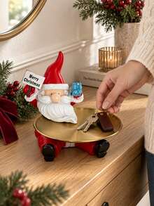 1pc Resin Santa Claus Figurine, Holding Merry Christmas Sign And Gift, Red Hat Christmas Statue With Detachable Gold Ornament Tray, Holiday Decor For Entryway Table And Vanity, Christmas Gift For Decor Enthusiasts - Multiple Styles - View 1