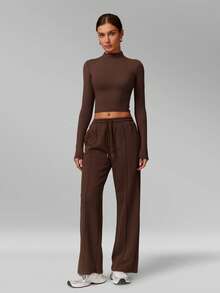 MFVIM Women's Autumn/Winter New Fitted Top + Wide Leg Pants 2-Piece Set, Versatile Soft Fabric - Coffee Brown - View 6
