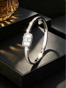 1pc H-Shaped Square Plate Double-Row Pave Element Bracelet, Two-Tone ...