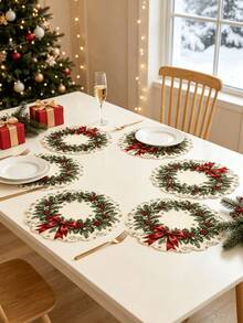 1/2/4pcs Christmas Placemats, Lace Design, Berry And Bow Elements, Bamboo And Linen Material, Suitable For Christmas Decoration, Table Decoration, Holiday Decoration, Holiday Party - Multiple Styles - View 9