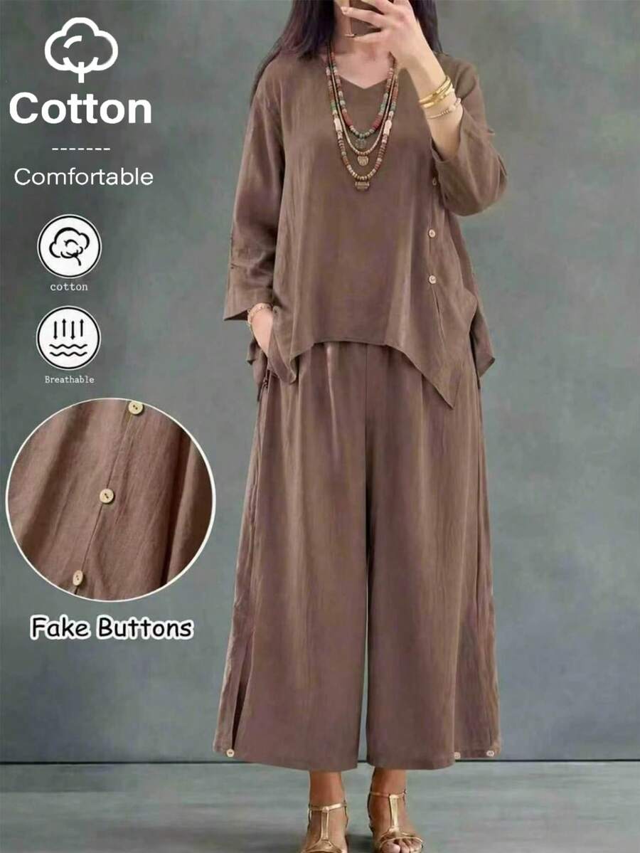Autumn Women's Vintage Elegant Minimalist Casual College V-Neck Side Button Asymmetrical Hem Loose Long Sleeve Top Wide Leg Wooden Button Pants Two Pieces Set, Commute Office School Tea Party Button Decor Asymmetrical Hem Design Top Wide Leg Pants Long Sleeve Set, Holiday Vacation Outing Versatile Two Pieces Set, Brown, Classic, All-Match, Country, Vacation, Casual Sets For Women