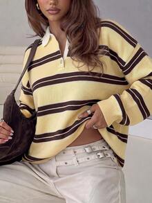 Women's Oversized Striped Polo Collar Casual Loose Fit American Preppy Style Autumn Knit Pullover - Yellow - View 3