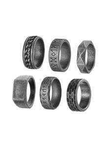 6PCS Retro Punk Antiqued Stainless Steel Men's Rings, Viking Rune Seal Chain Rings, Unique Men's Jewelry Accessories, Daily Wear Jewelry - Antique Silver - View 5