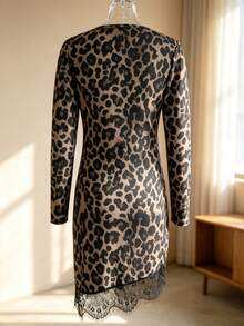 Teen Girls Spicy Style Retro Leopard Print Long Sleeve Dress, Lace Trim Patchwork Asymmetrical Hem Snug Fit Mini Dress, Slim Fit Party Gathering Base Dress - Multicolor - View 3