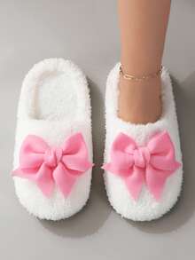 Sweet Cute Macaron Color Large Bow Plush Warm Soft Sole Women's House Slippers Floor Socks - White - View 1
