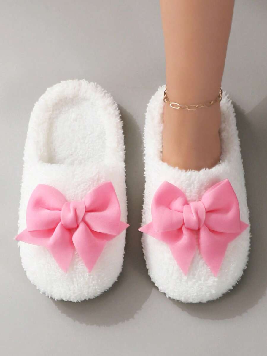Sweet Cute Macaron Color Large Bow Plush Warm Soft Sole Women's House Slippers Floor Socks - White - View 1